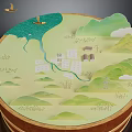 3D Terrain Model Featuring Green Mountains River Houses Trees Clouds And Birds