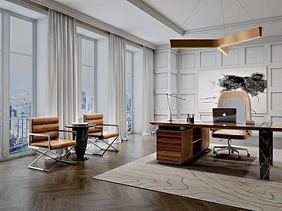 Modern Wooden Desk With Office Chair Laptop Large Windows City View Rug And Hanging Light 3d model