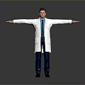 Man In White Lab Coat With Blue Shirt And Tie Arms Outstretched On Gray Background
