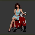 Red Scooter with Stylish Woman in Blue Dress on Gray Background
