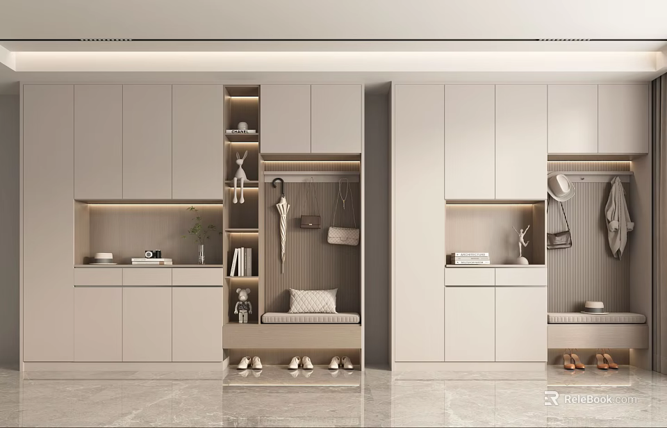 Modern Shoe Cabinet Storage Design With Hooks Seat And Decorative Plant 3d model 