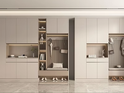 Modern Shoe Cabinet Storage Design With Hooks Seat And Decorative Plant 3d model