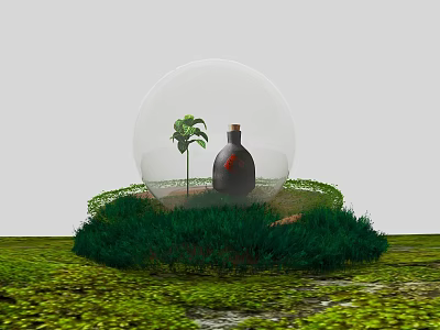 Garden Decor With Transparent Glass Globe Small Plant And Black Bottle On Green Mossy Grass 3d model