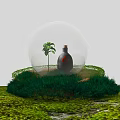 Garden Decor With Transparent Glass Globe Small Plant And Black Bottle On Green Mossy Grass