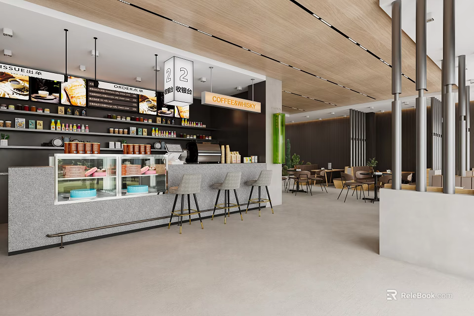 Modern Milk Tea Shop Interior With Display Case Menu Boards And Seating 3d model