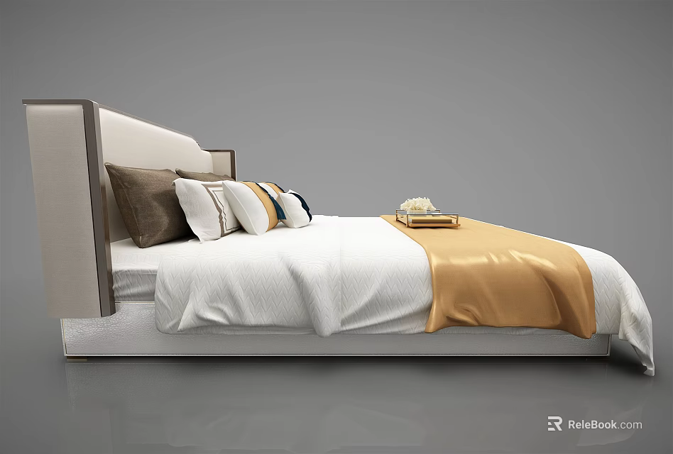 Modern Double Bed With Light Colored Headboard White Bedding Multiple Pillows And Golden Blanket 3d model
