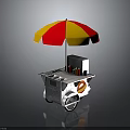 Food Cart With Red Yellow Umbrella Condiment Bottles And Hot Dog Sign
