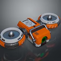 Orange White Mechanical Device With Circular Components And Green Lens 3d model