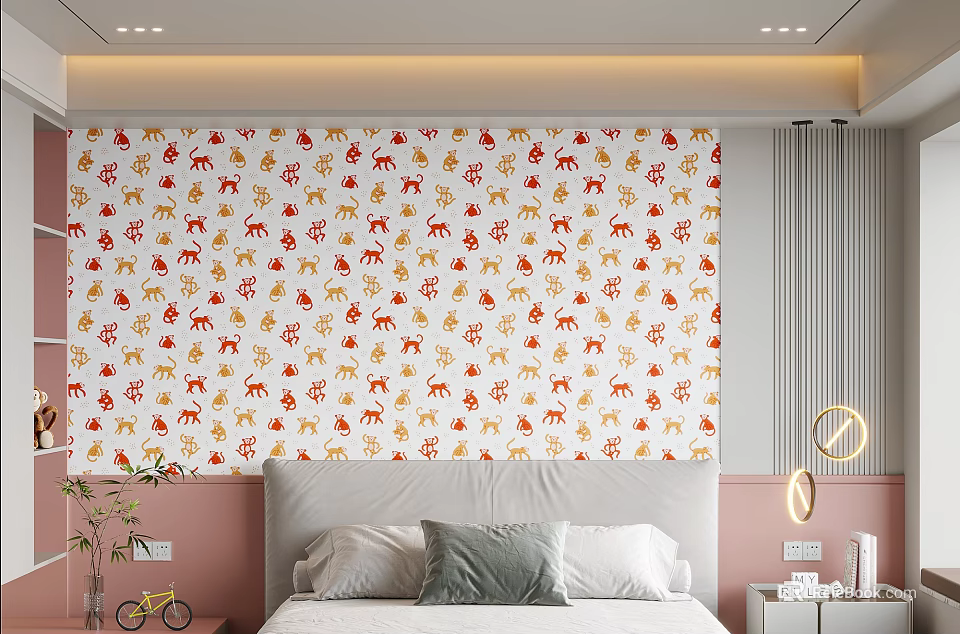 Modern Bedroom Decorative Cabinet With Red Yellow Animal Print Wallpaper Accent 3d model 