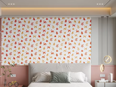 Modern Bedroom Decorative Cabinet With Red Yellow Animal Print Wallpaper Accent 3d model