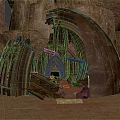 Cartoon Scene with Old Broken Stone Door Rocky Surroundings and Wooden Structure on Sandy Ground