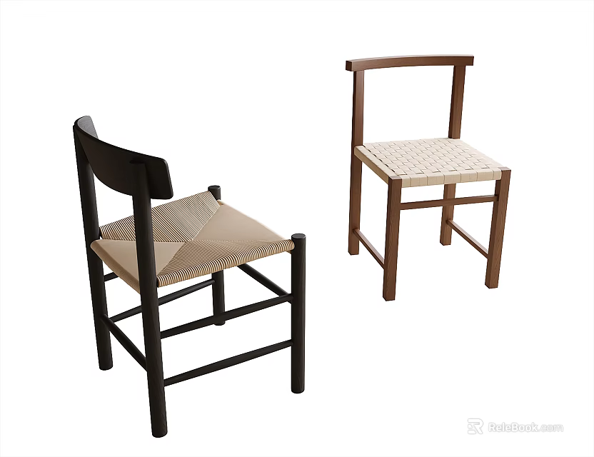 Modern Single Chairs Featuring Black and Brown Frames with Woven Beige Seats 3d model