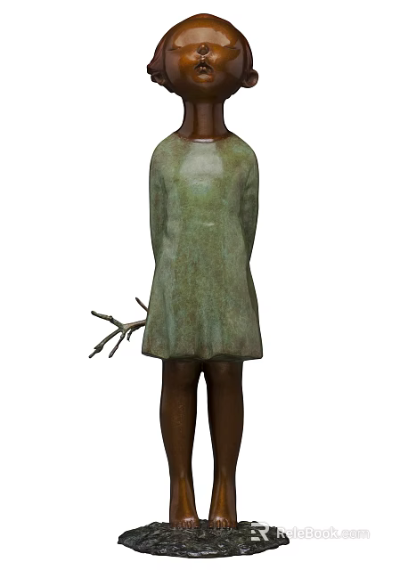 Artistic Human Figure Sculpture With Green Textured Dress And Twig Branch 3d model 