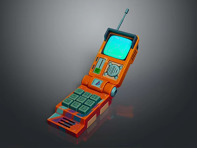 Vintage Orange Flip Mobile Phone With Antenna Green Screen And Keypad 3d model