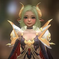 Game And Movie Character With Green Hair Horns Ornate Golden Armor And Cloak
