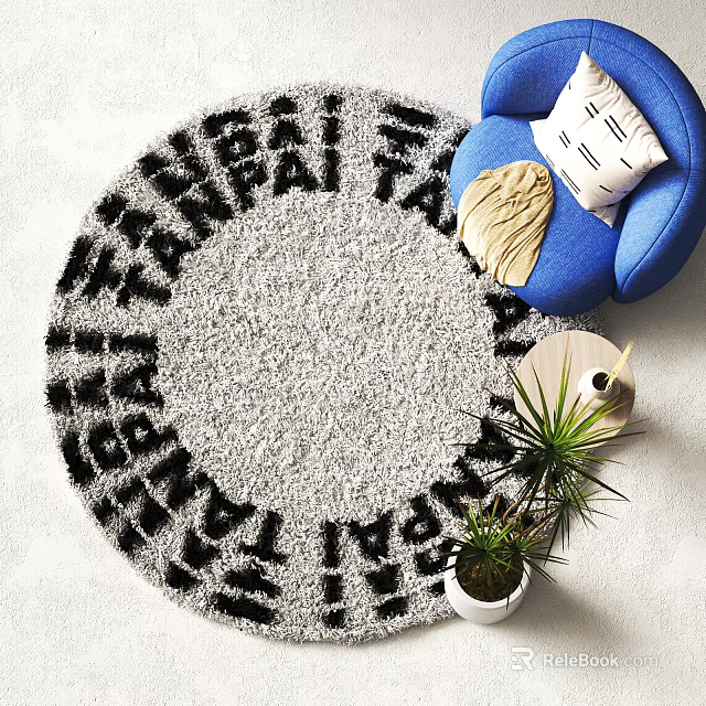Gray and Black Patterned Round Rug With Blue Chair Pillow Blanket and Plants 3d model 