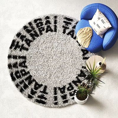 Gray and Black Patterned Round Rug With Blue Chair Pillow Blanket and Plants 3d model