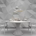 Round Dining Table Set With Black Chairs Geometric Wall And Pendant Lights 3d model