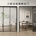 Triple Panel Glass Sliding Doors For Modern Living Dining Interior With Wooden Flooring