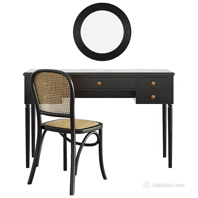 Stylish Black Desk with Drawers Gold Knobs Wicker Chair and Round Mirror Interior 3d model 