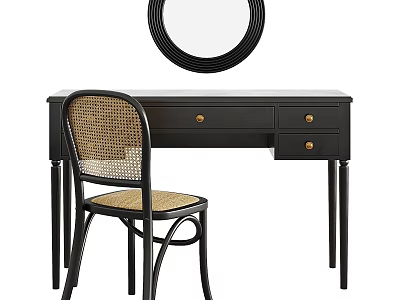 Stylish Black Desk with Drawers Gold Knobs Wicker Chair and Round Mirror Interior 3d model