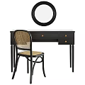 Stylish Black Desk with Drawers Gold Knobs Wicker Chair and Round Mirror Interior 3d model