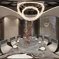 Modern Private Dining Room Interior With Round Table Chandelier And Red Chairs 3d model