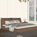 Elegant Brown Double Bed with Headboard and White Bedding in Bedroom with Window Greenery