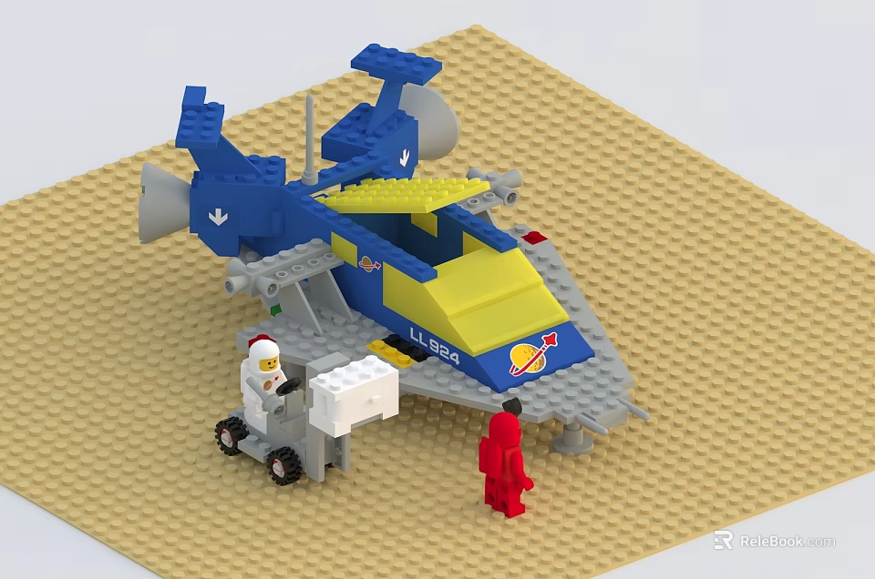 Building Blocks Airplane Model With Blue Yellow Design And Minifigures On Sand Base 3d model 