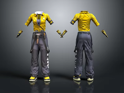 Yellow Short Sleeved Top And Gray Cargo Pants Outfit With Matching Gloves Utility Pockets 3d model