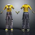 Yellow Short Sleeved Top And Gray Cargo Pants Outfit With Matching Gloves Utility Pockets