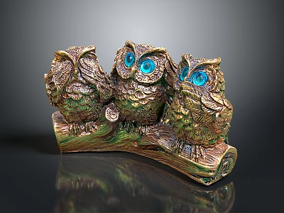 Three Bronze Owls With Blue Eyes And Green Accents On Wooden Branch Decorative Sculpture 3d model