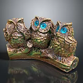 Three Bronze Owls With Blue Eyes And Green Accents On Wooden Branch Decorative Sculpture
