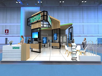 USHIO Modern Exhibition Booth With Wooden Metal Structure Reception Desk TV Screens Tables And Chairs 3d model