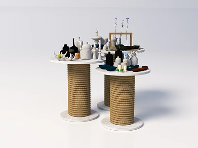 Circular Display Shelves With Rope Wrapped Bases Holding Decorative Bottles And Ornaments 3d model