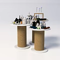 Circular Display Shelves With Rope Wrapped Bases Holding Decorative Bottles And Ornaments