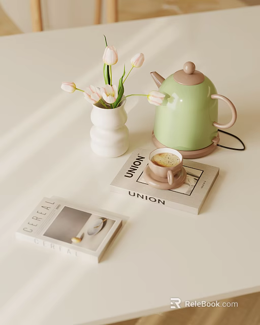 Cozy Tabletop Arrangement With White Vase Tulips Green Kettle Coffee Cup And Books 3d model 