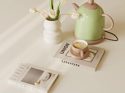 Cozy Tabletop Arrangement With White Vase Tulips Green Kettle Coffee Cup And Books 3d model