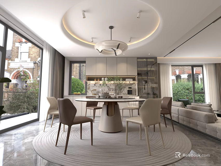Modern Restaurant Interior Design With Round Dining Table Chairs Pendant Light And Open View 3d model