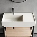 Modern Bathroom Vanity With White Sink Round Mirror And Wooden Shelf Black Frame