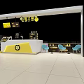 Bubble Tea Shop Interior With Yellow White Counter Blue Chairs Black Background And Hanging Lights