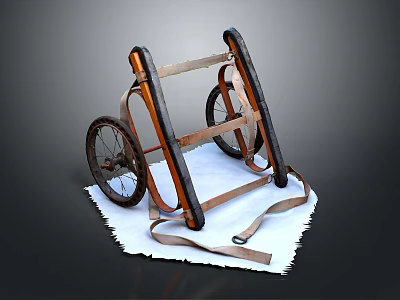 Vintage Wooden Cart With Wheels And Leather Straps On White Cloth Surface 3d model