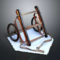 Vintage Wooden Cart With Wheels And Leather Straps On White Cloth Surface