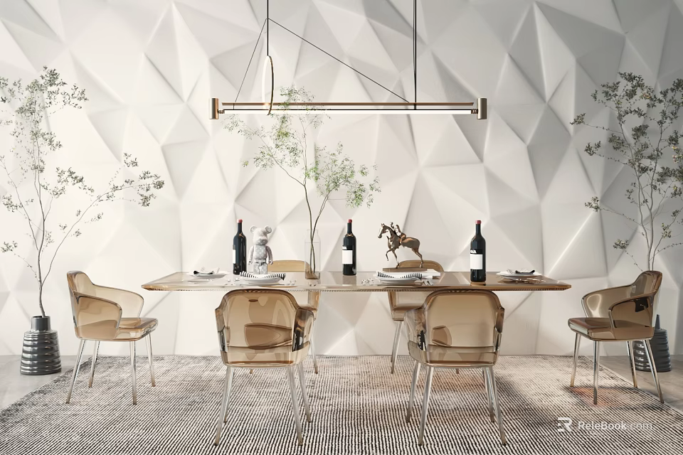 Modern Dining Table Set With Beige Chairs Geometric Wall Long Pendant Light And Green Plants 3d model 