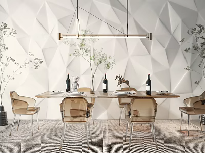 Modern Dining Table Set With Beige Chairs Geometric Wall Long Pendant Light And Green Plants 3d model