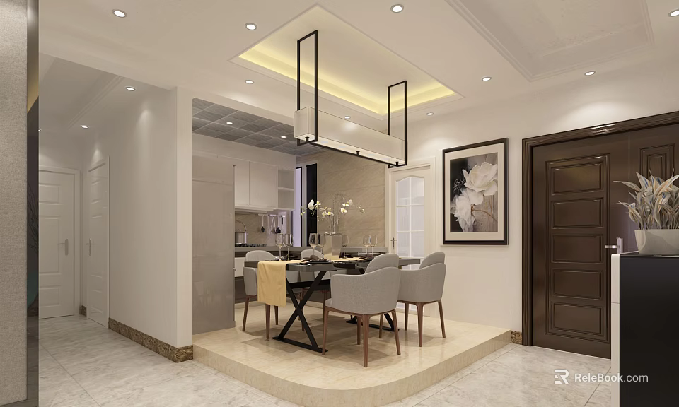 Modern Dining Living Room Interior With Dining Table Chairs Hanging Chandelier And Decorative Painting 3d model 
