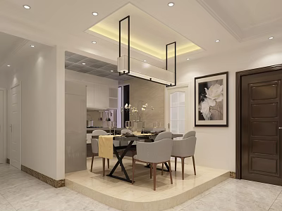 Modern Dining Living Room Interior With Dining Table Chairs Hanging Chandelier And Decorative Painting 3d model