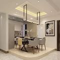 Modern Dining Living Room Interior With Dining Table Chairs Hanging Chandelier And Decorative Painting