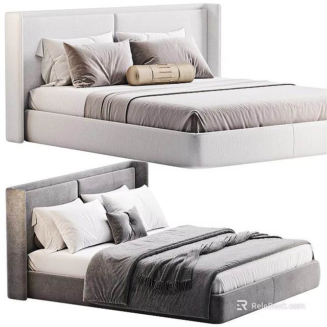 Modern Upholstered Double Bed Design With Soft Pillows And Cozy Blanket 3d model 