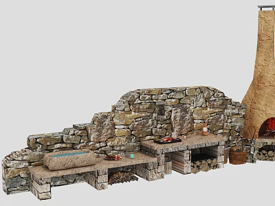 Outdoor Stone Kitchen with Built-in Grill Appliance on Countertop with Containers 3d model
